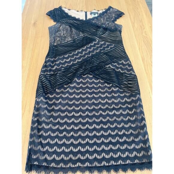 Tadashi Shoji Womens Bodycon Lace Lined Black Evening Dress Cap Sleeve US 16 - Picture 1 of 16